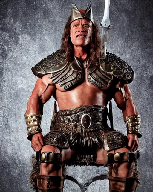Image similar to arnold schwarzenegger as king conan, directed by john millius, photorealistic, sitting on a metal throne, wearing ancient cimmerian armor, a battle axe to his side, cinematic photoshoot in the style of annie leibovitz, studio lighting