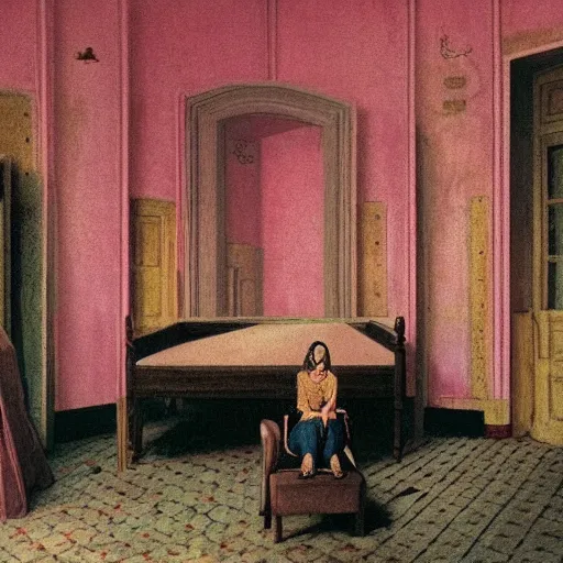 Prompt: a lonely girl in an haunted liminal abandoned room, film still by wes anderson, depicted by balthus, limited color palette, very intricate, art nouveau, highly detailed, lights by hopper, soft pastel colors