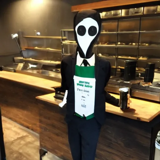 Prompt: slenderman working at starbucks.