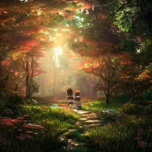 Image similar to the aesthetic view of the beautiful, grand, wistful, dreamy hidden forest at dusk, hyperrealistic anime illustration by iralki nadar, colorful, extremely detailed, intricate linework, super sharp focus, bright colors, octopath traveler, studio ghibli, unreal engine 5 highly rendered, global illumination, radiant light, detailed and intricate environment