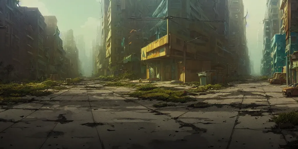 Prompt: a wholesome animation key shot of a post apocalyptic city urban landscape, covered by nature hipster vibes by studio ghibli, animation, sharp, rendered in unreal engine 5, focused, anime key art by greg rutkowski, bloom, dramatic lighting