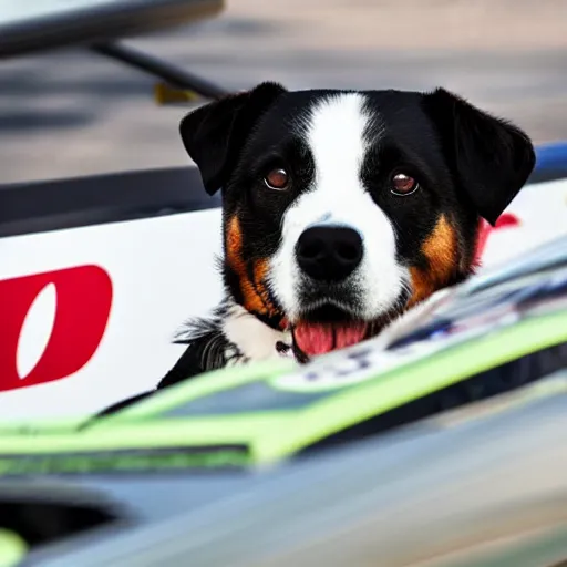Prompt: a dog driving a race car