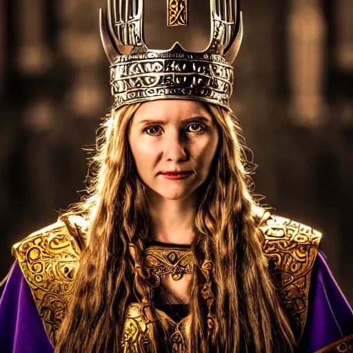 Image similar to photo of a beautiful viking queen with ornate crown and robes, highly detailed, 4k, HDR,