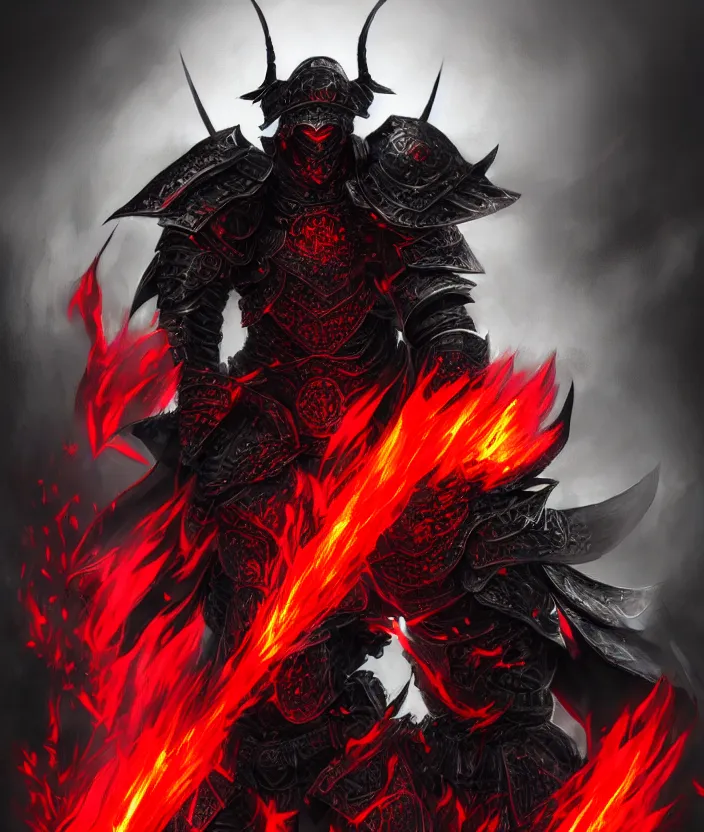 Image similar to a detailed manga character illustration of a dark warrior in black plated armour surrounded by red flames, trending on artstation, digital art, 4 k resolution, detailed, octane render, high quality, sharp focus, hq artwork, insane detail, concept art, character concept, character illustration, full body illustration