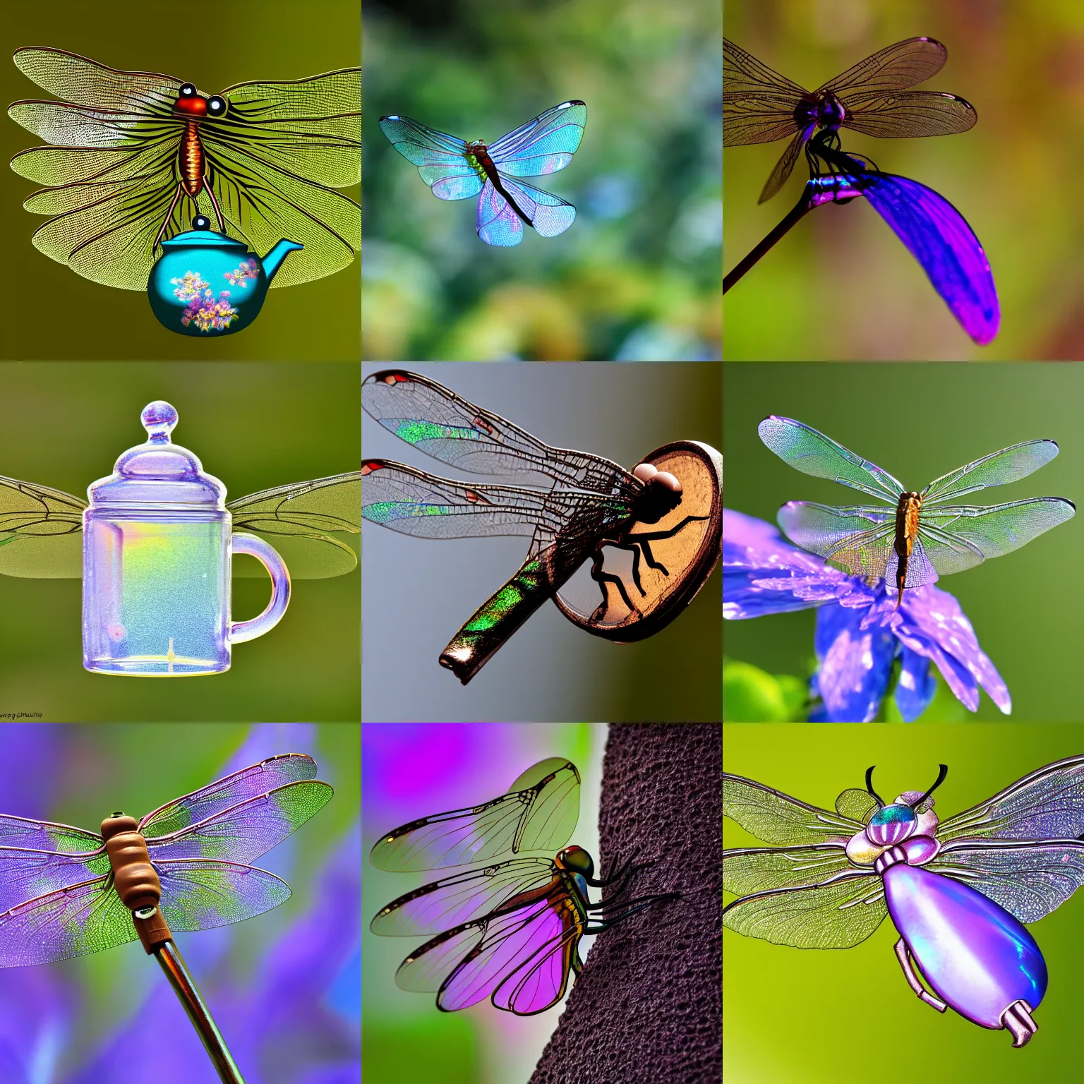 Prompt: Nature photo of a teapot-like flying teapot-Dragonfly-teapot spilling tea with iridescent gossamer wings