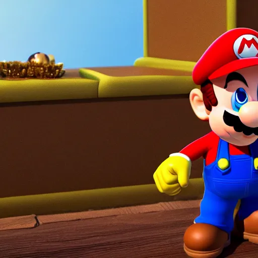 Image similar to A Still of Super Mario in an animated Disney Pixar movie holding a gold coin in the mushroom kingdom, promotional render, 35mm f2.8, 4k, artstation, PBR materials, Pixar renderman render