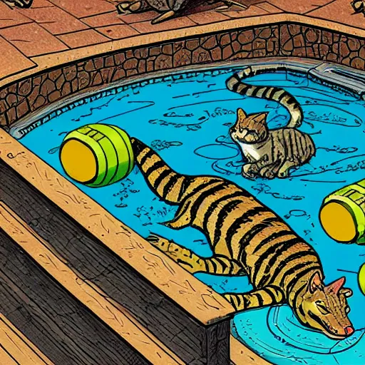 Image similar to tabby cat alligator pool “ geoff darrow ” production art