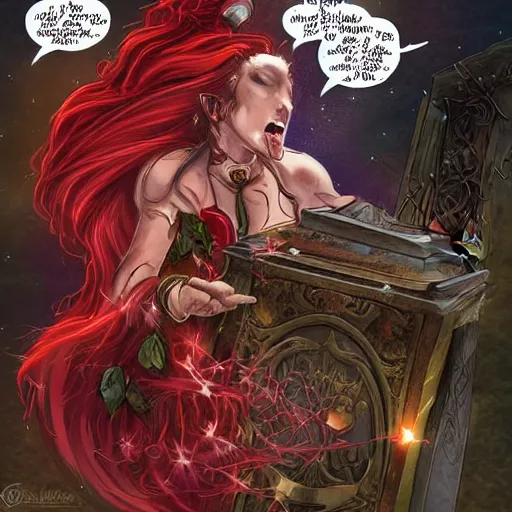 Image similar to The celestial warlock (a beautiful half elf with long red hair) clumsily knocks a single red rose from the top of a funerary urn, releasing an angry wraith from inside. The urn is on the floor, the rose is falling. Dramatic digital art illustration in comic book style by Simon Bisley