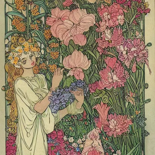 Prompt: a floral fantasy illustration by walter crane