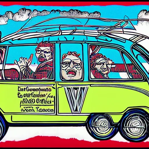 Prompt: illustration of jerry garcia driving a volkswagon bus and waving