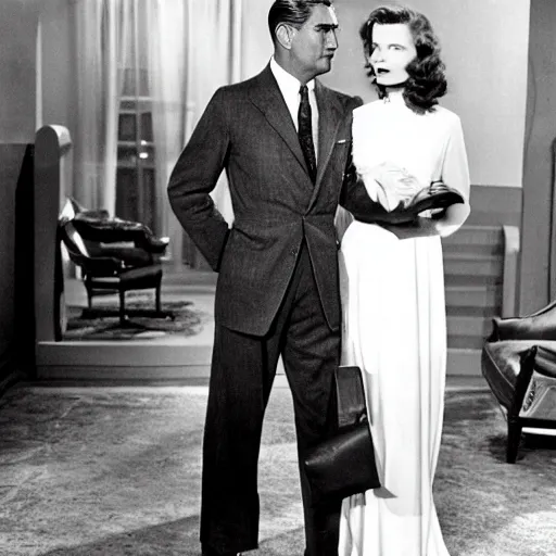 Prompt: Still of Cary Grant and Katharine Hepburn in the Avengers