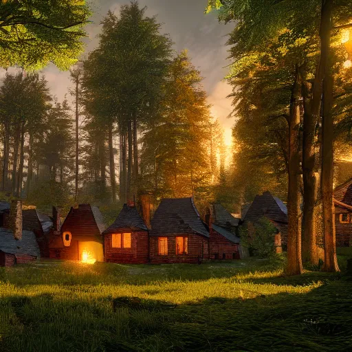 Image similar to forest with houses, hd, hdr, unreal engine 5, cinematic, 4k wallpaper, 8k, ultra detailed, high resolution, artstation,