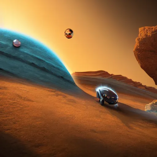 Prompt: A rocky desert scene with a little blue alien boy being chased by a little chrome flying disk, drone, 4K UHD, wallpaper, artstation, photorealism, dramatic lighting, Dune style