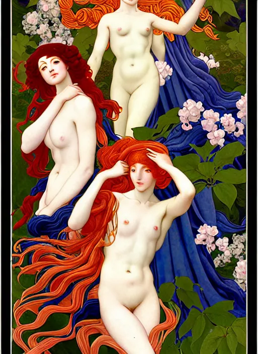 Image similar to 4 Muses symbolically representing Spring, Summer, Winter and Autumn, in a style blending Æon Flux, Peter Chung, Shepard Fairey, Botticelli, Ivan Bilibin, and John Singer Sargent, inspired by pre-raphaelite paintings, shoujo manga, and cool Japanese street fashion, dramatic autumn landscape, leaves falling, deep vivid tones, hyper detailed, super fine inking lines, ethereal and otherworldly, 4K extremely photorealistic, Arnold render