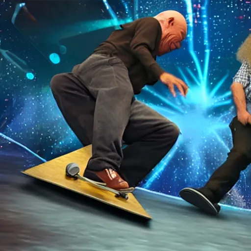 Prompt: kenny g doing a kickflip over patrick stewart at dave & busters, epic, cinematic, realism, ultra detailed, 8 k