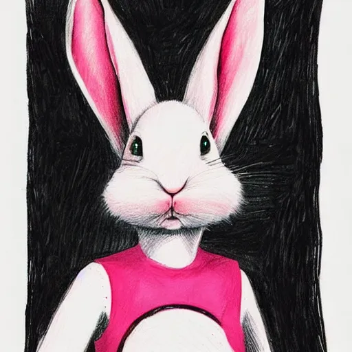 Prompt: The rabbit is a fluffy white bunny with big ears. It has a cute pink nose and black eyes. It looks like it's ready to hop around and have some fun! drawn by Balaskas Christopher with James Turrell