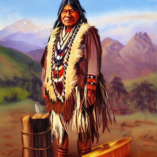 Prompt: a painting of a native american chief selling his bitcoin, in traditional dress, by atrgerm