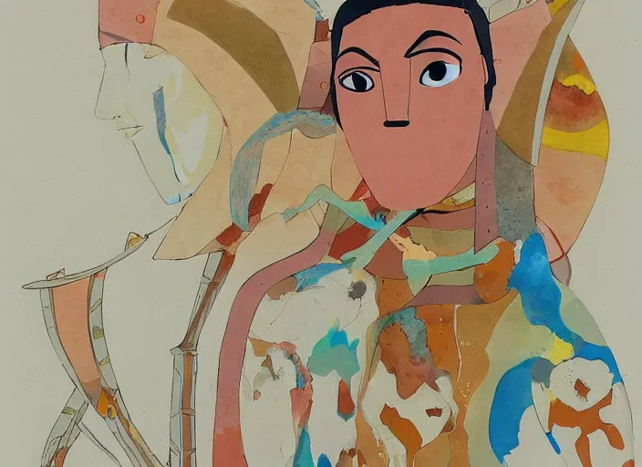 Image similar to naturalistic portrait of a warrior, representational earth tones, stunning clarity experimental cut paper mixed media blotchy character shape design by masaaki yuasa, pleasing palette watercolor masterpiece