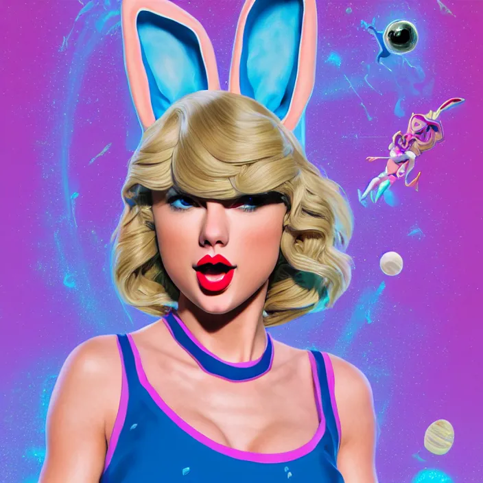 Image similar to portrait of Taylor Swift as Lola Bunny in Space Jam 1996. bunny ears. intricate abstract. intricate artwork. by Tooth Wu, wlop, beeple, dan mumford. octane render, trending on artstation, greg rutkowski very coherent symmetrical artwork. cinematic, hyper realism, high detail, octane render, 8k