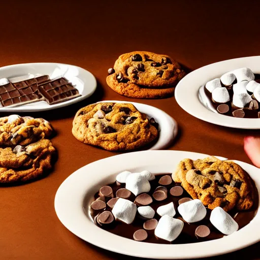 Prompt: opulent banquet of plates of freshly baked chocolate chip cookies, delicious, glistening, chocolate sauce, marshmallows, highly detailed, food photography, art by rembrandt