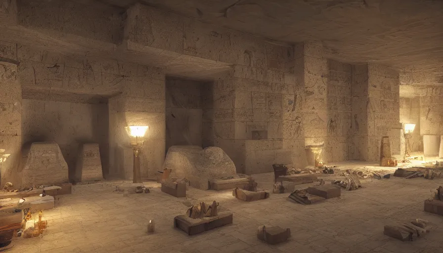 Prompt: ancient egyptian tomb with coffins, cobwebs, torchs, dark corridors, dust particles, treasures, light fog, hyperdetailed, artstation, cgsociety, 8 k