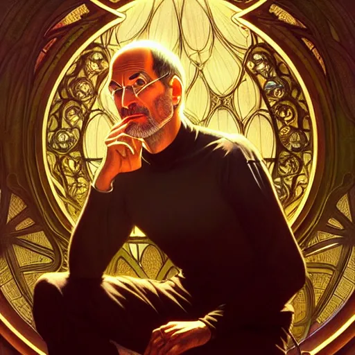 Image similar to Steve Jobs, fantasy, intricate, elegant, dramatic lighting, emotionally evoking symbolic metaphor, highly detailed, lifelike, photorealistic, digital painting, artstation, concept art, smooth, sharp focus, illustration, art by John Collier and Albert Aublet and Krenz Cushart and Artem Demura and Alphonse Mucha