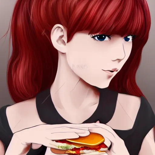 Prompt: a girl eating a sandwich, red hair, anime art, detailed, hd, smooth