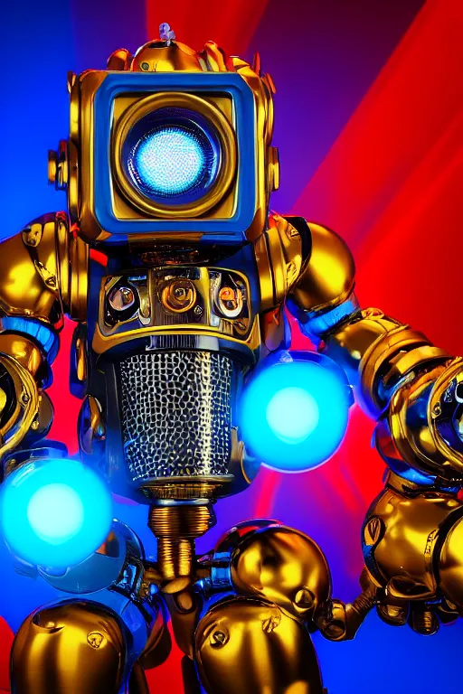 Image similar to portrait photo of a giant huge golden and blue metal humanoid steampunk robot singer with multicolored microphones and big gears and tubes, a red glowing microphone, blue headphones, eyes are glowing red lightbulbs, shiny crisp finish, 3 d render, 8 k, insaneley detailed, fluorescent colors, background is multicolored lasershow