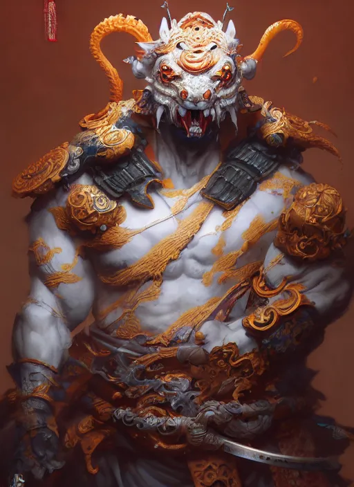 Image similar to subsurface scattering, white, koi, samurai deity with koi armor, octane render, by jesper ejsing, james jean, justin gerard, tomasz alen kopera, cgsociety and fenghua zhong, highly detailed, rim light, cinematic lighting, art, very coherent, cinematic, hyper realism, high detail, 8 k