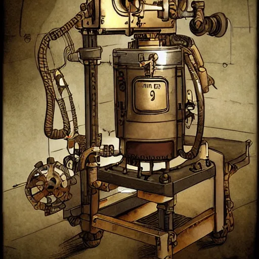 Image similar to A random pointless contraption ((steampunk)) industrial appliance pneumatic machine with no apparent purpose, being operated by a scholarly looking man with a clear directed gaze, artwork by Steve Henderson