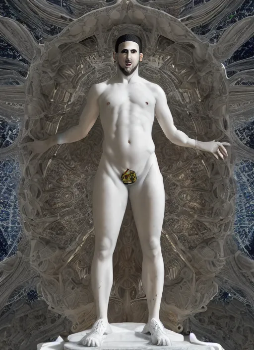 Image similar to a statue made of white marble with gold veins, of klay thompson, full body shot, perfect symmetrical body, perfect symmetrical face, hyper realistic, hyper detailed, by johannen voss, by peter kemp, by monia merlo, by michelangelo, by ernst haeckel, octane render, blender, 8 k