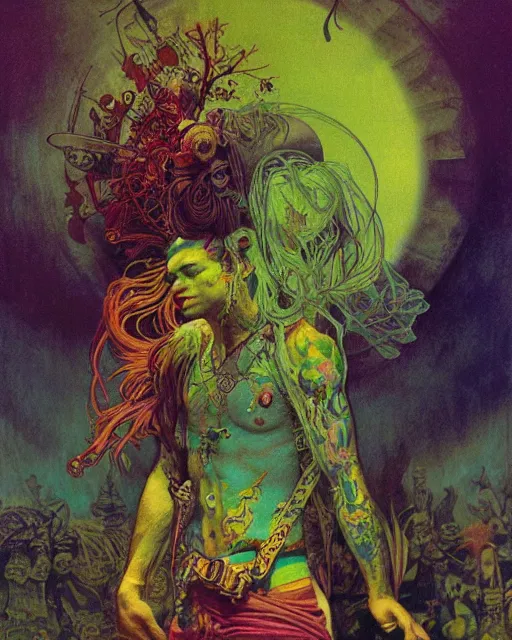 Image similar to rainbow flowerpunk portrait of a skateboarding tattooed green god by paul lehr, beksinski, alphonse mucha, jesper ejsing