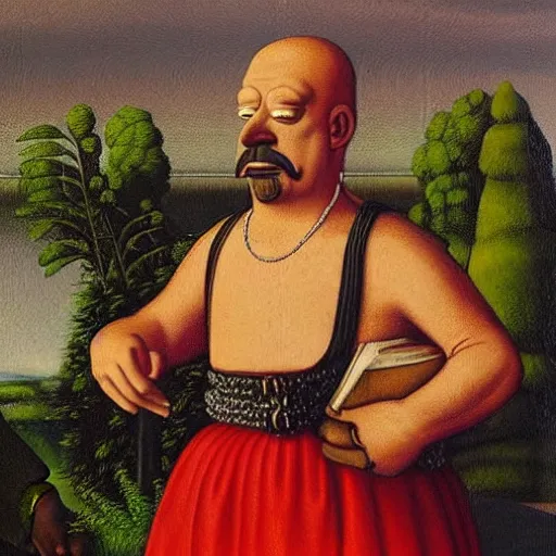 Image similar to vividly colorful oil painting portrait of Homer Simpson wearing aristocratic dress in the style of Cranach the Younger