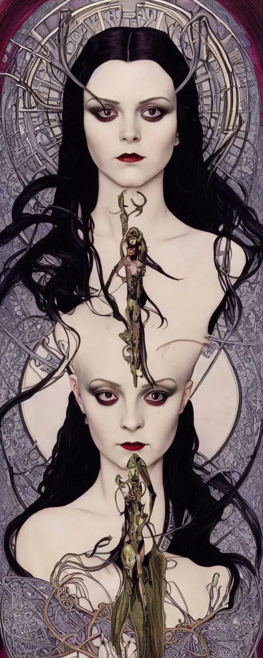 Image similar to striking sensual gorgeous sci - fi art nouveau portrait of wednesday addams as the dark goddess lilith by michael kaluta, chris achilleos and alphonse mucha, photorealism, extremely hyperdetailed, perfect symmetrical facial features, perfect anatomy, ornate declotage, weapons, circuitry, high technical detail, determined expression, piercing gaze