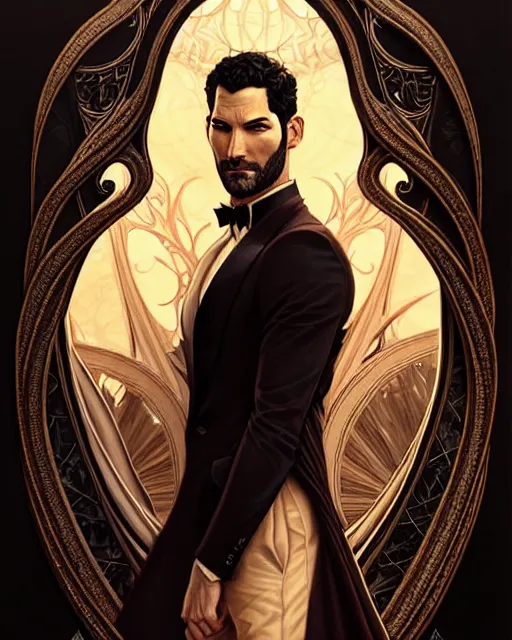 Prompt: tom ellis ( lucifer ) portrait, art nouveau, fantasy, intricate devilish designs, elegant, highly detailed, sharp focus, art by artgerm and greg rutkowski and wlop