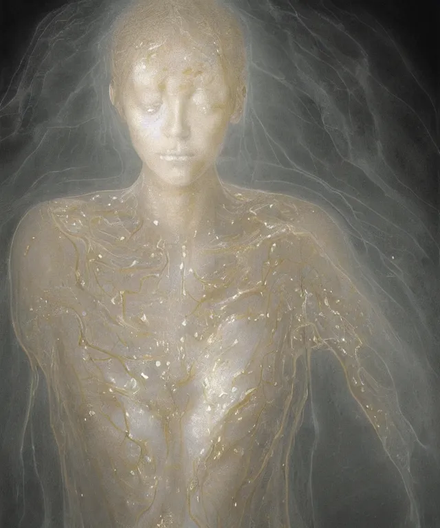 Prompt: Beautiful full-body wax sculpture of a glowing clothed transparent moth with a woman face in a glowing dress with visible gold bones covered with melted white wax inside the singularity where stars becoming baroque folds of dark matter by Michelangelo da Caravaggio, Nicola Samori, William Blake, Alex Grey and Beksinski, dramatic volumetric lighting, highly detailed oil painting, 8k, masterpiece