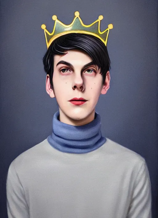 Image similar to portrait of teenage jughead jones wearing a light grey crown, crown, blue turtleneck, 1 9 5 0 s, closed eyes, photorealistic, black hair, glowing lighting, intricate, elegant, glowing lights, highly detailed, digital painting, artstation, concept art, smooth, sharp focus, illustration, art by wlop, mars ravelo and greg rutkowski