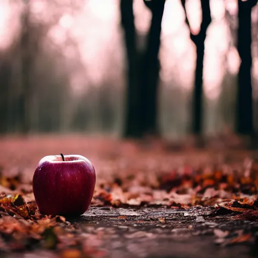 Prompt: apple sitting on the ground in a haunted forest