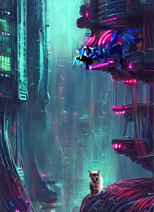 Prompt: cats cyborg inside an scifi tentacles wires futuristic city, beautiful neon cats, cinematic, highly detailed, photorealistic, rich bright colors, trending on artstation, giger, tsutomu nihei, trending on cgsociety, awe inspiring bruce pennington cityscape, digital art painting of 1 9 6 0 s