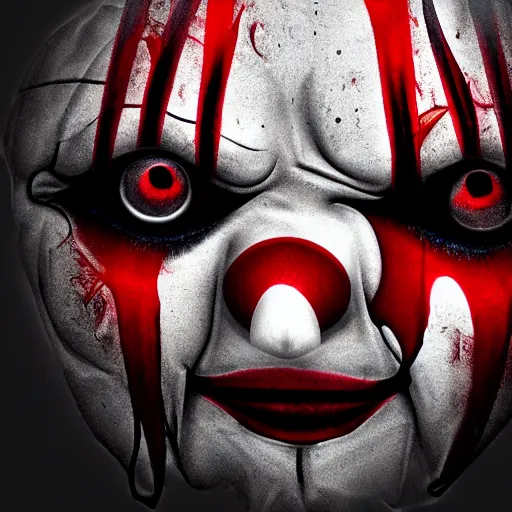 Image similar to distorted clown with bloody eyeballs, scary stories to tell at night