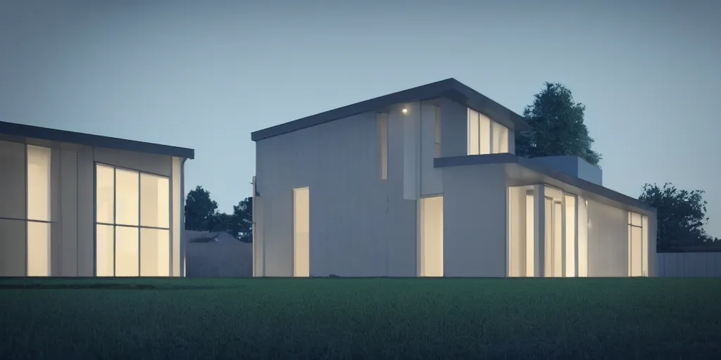 Prompt: A beautiful realistic architectural rendering of a modern minimalistic house with two floors and a small garage beside it with a mysterious glow emitting from inside by octane render and corona render