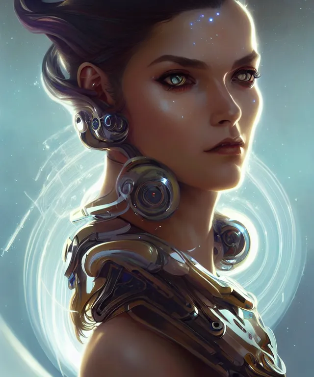 Image similar to futuristic woman portrait, sci-fi, amber eyes, face, long hair, fantasy, intricate, elegant, highly detailed, digital painting, artstation, concept art, smooth, sharp focus, illustration, art by artgerm and greg rutkowski and alphonse mucha