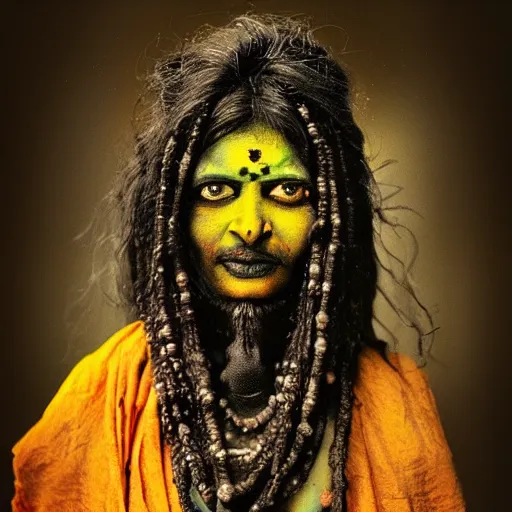 Image similar to realistic exposed expired fuji film portrait of aghori tantrik india woman, tentacled creature mix, marigold celestial vibe, hyperrealism, hypermaxiymalism, photorealistic, detailed, atmospheric, 8 k, award winning photography, cinematic