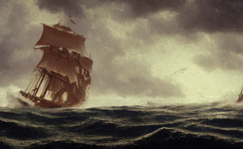 Image similar to middle of the ocean, large waves, large 1800s boat sinking, no land, dark skies, close up shot, at dusk, 4k, rule of thirds, extreme detail, hazy, intricate ink illustration, surreal, surrealist, trending on artstation, cgsociety, hd, complimentary colours, realistic lighting, by Albert Bierstadt, Frederic Edwin Church.