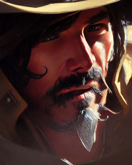 Image similar to mccree from overwatch, character portrait, portrait, close up, concept art, intricate details, highly detailed by greg rutkowski, michael whelan and gustave dore