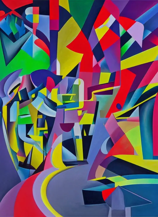 Prompt: A surreal neon painting of Zaha hadid 3d kandinsky cityscape made of cubism futuristic picasso rooms in 3 point perspective by patrick akpojotor and Vladimir kush and dali and kandinsky, 3d, realistic shading, complimentary colors, vivid neon colors, aesthetically pleasing composition, masterpiece, 4k, 8k, ultra realistic, super realistic,