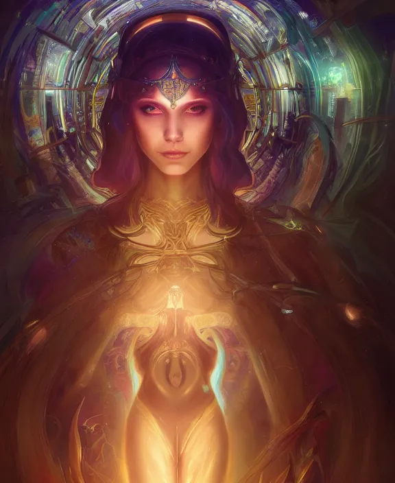 Image similar to a whirlwind of souls rushing inside the metaverse, half body, glowin eyes, tiara with sapphire, pharaoh, android, cyberpunk, d & d, fantasy, intricate, elegant, highly detailed, colorful, vivid color, digital painting, artstation, concept art, art by artgerm and greg rutkowski and alphonse mucha and ruan jia