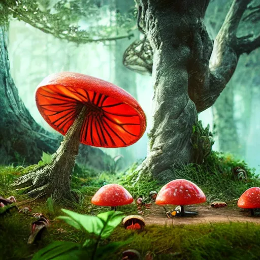 Image similar to a nature photo of a cute fury monster eating bugs for lunch while sitting on a red mushroom in the fantasy forest, extremely detailed, wide shot, sharp and detailed, Octane render