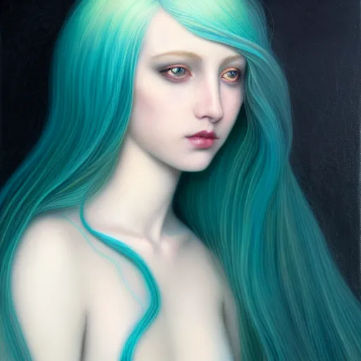 Image similar to portrait of girl with pale teal hair, luna moth, uniquely beautiful, fantasy, intricate, elegant, dramatic lighting, emotionally evoking symbolic metaphor, highly detailed, lifelike, photorealistic, digital painting, artstation, concept art, smooth, sharp focus, illustration, art by John Collier and Albert Aublet and Krenz Cushart and Artem Demura and Alphonse Mucha