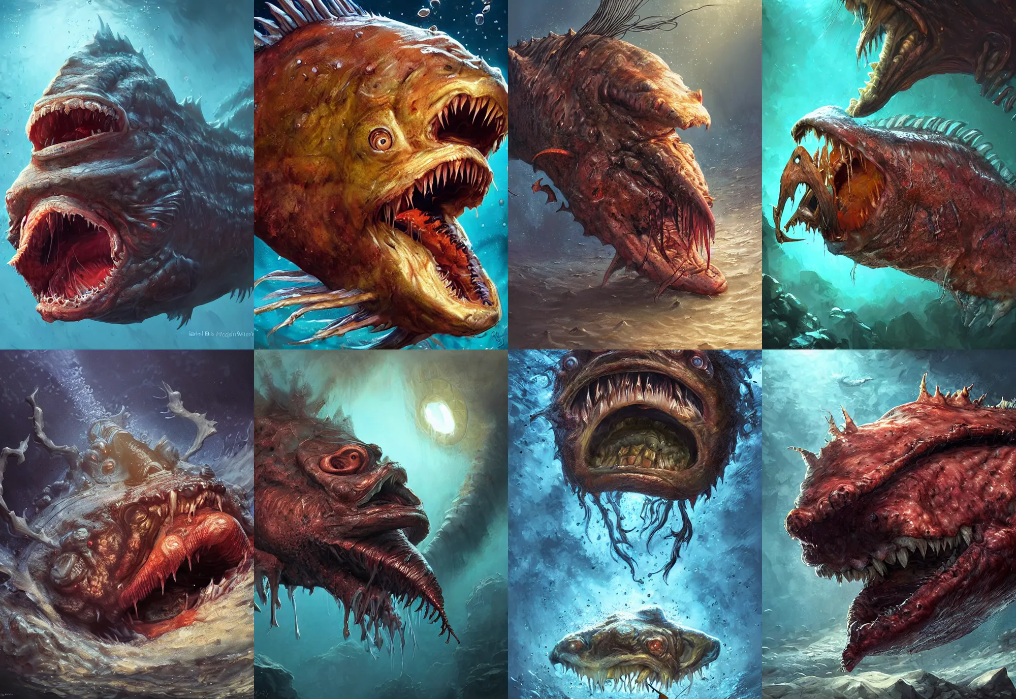 Prompt: a monstrous mutant anglerfish with mouth wide open, underwater, by brad rigney, ( ( ( horror art ) ) ), close up, wide angle, dramatic lighting, highly detailed digital painting